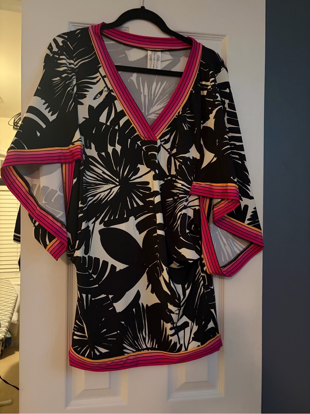 Trina Turk Black and White Floral Mini Dress with Pink Trim